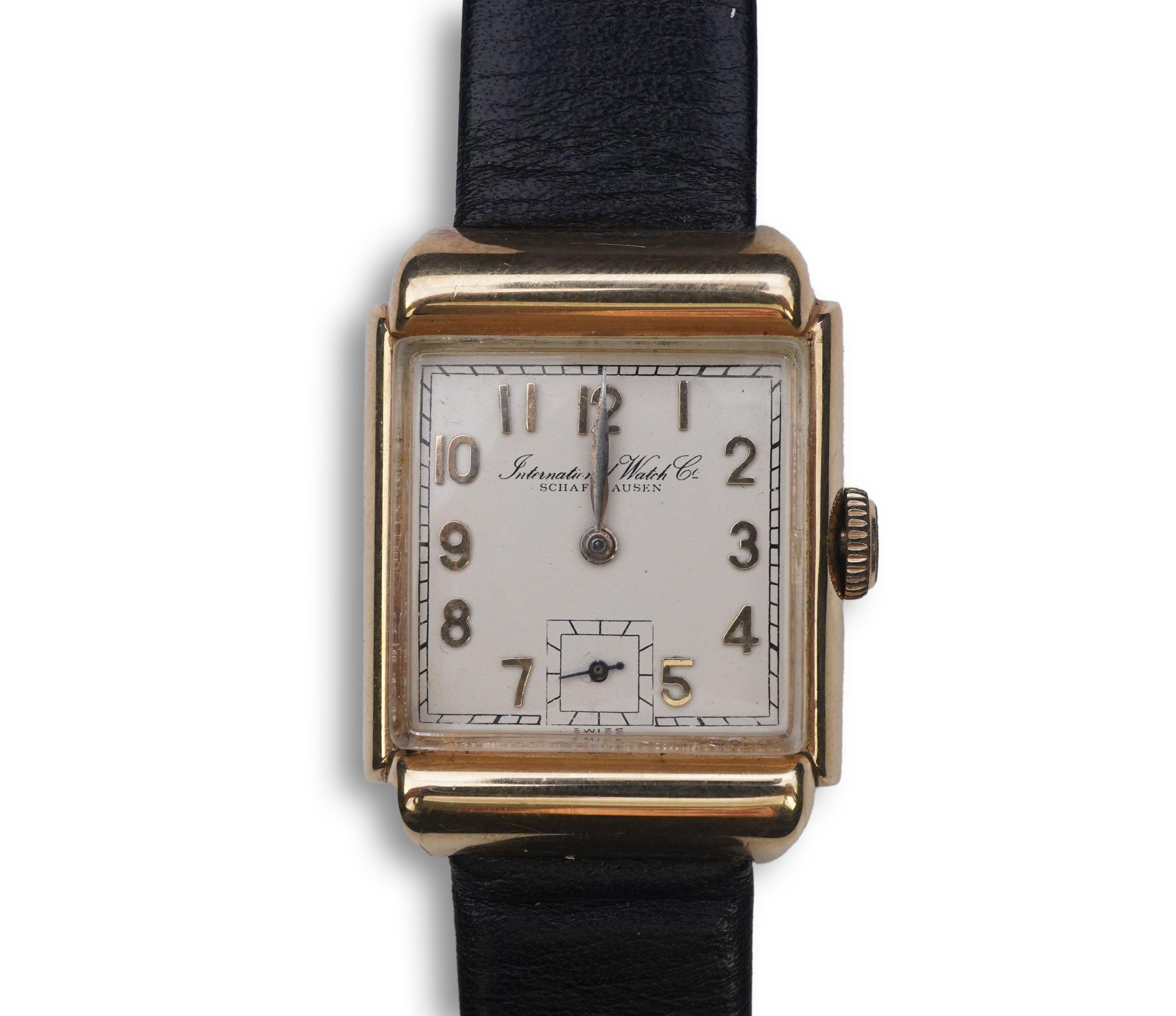 A gentleman's mid 20th century 14k gold International Watch Company manual wind wrist watch, on a later associated leather strap